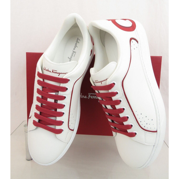 $795 FERRAGAMO MANHATTAN WHITE LEATHER RED GANCINI LOGO SNEAKERS 11 M ITALY main image 13